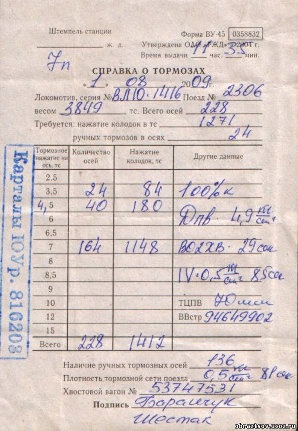 Справка ву 45 об обеспечении поезда тормозами образец
